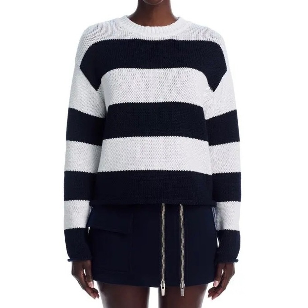AQUA Striped Cotton Knit Sweater White Blue‎ Crew Neck Pullover